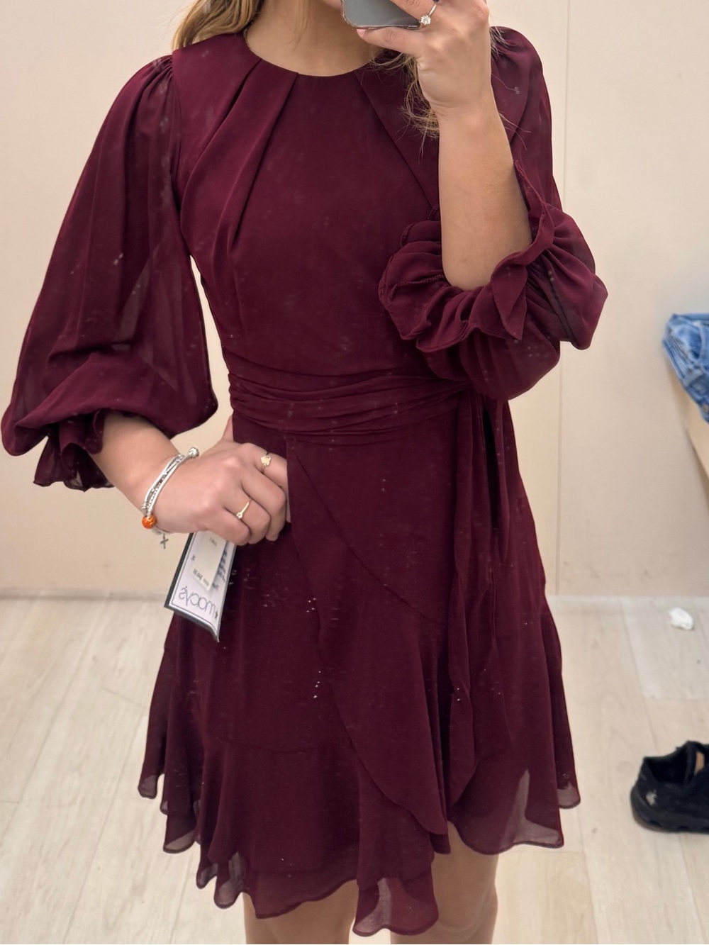 Women's Burgundy Long-Sleeve Ruffle Hem Dress